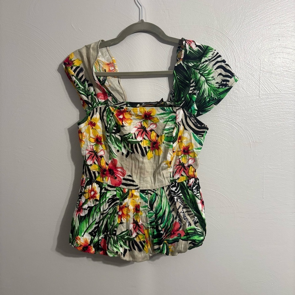 NWT NY&Co 7th Avenue tropical floral ZEBRA sleeve square neck peplum top XS